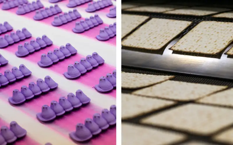 (left) Marshmallow Peeps factory; (right) Passover matzo at the Manischewitz Co. factory in Newark, New Jersey.