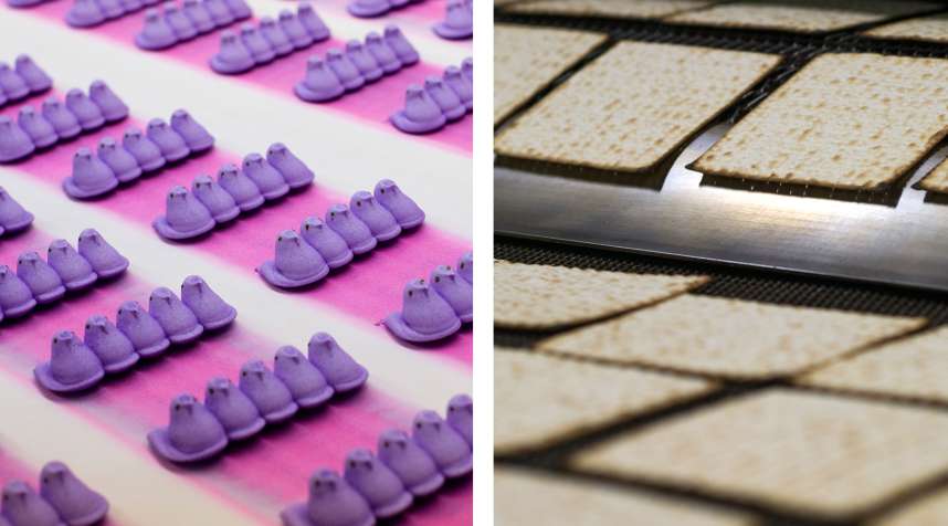 Marshmallow Peeps factory (left) ; Passover matzo at the Manischewitz Co. factory (right).