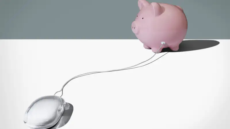 piggy bank connected to computer mouse