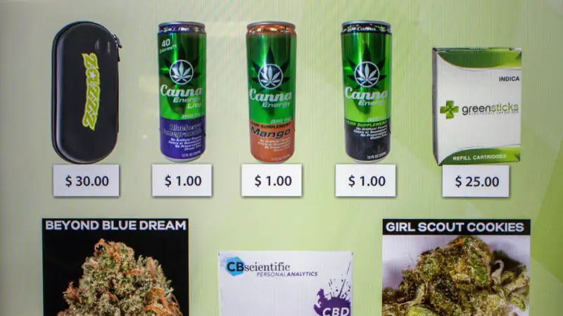 A view of the screen of a ZaZZZ vending machine that contains cannabis flower, hemp-oil energy drinks, and other merchandise at Seattle Caregivers, a medical marijuana dispensary, in Seattle, Washington February 3, 2015. Vending machines selling medical marijuana opened for business in Seattle on Tuesday, in what the company providing them billed as a first-in-the-state innovation that it expects to expand to other cities and states where pot is legal as medicine.