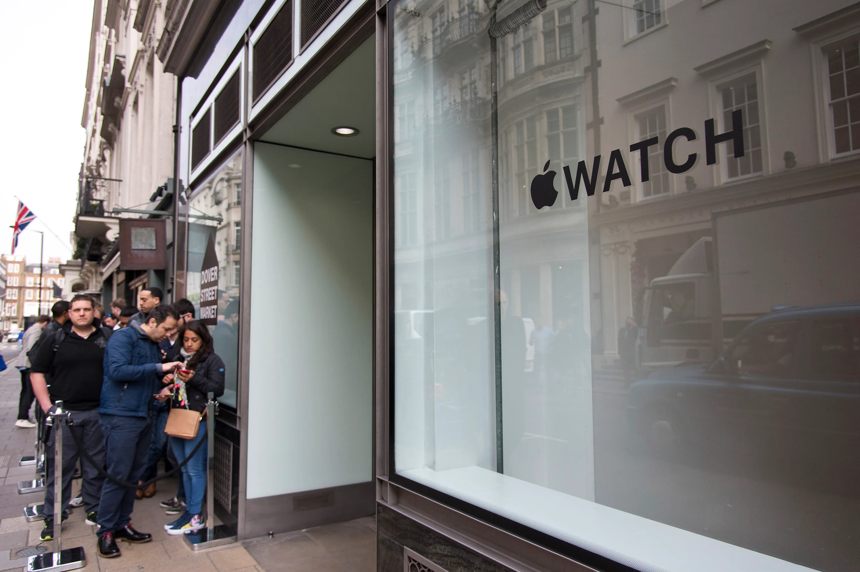 Line of customers waiting to purchase an Apple Watch outside Dover St. Market on April 24, 2015 in London City.