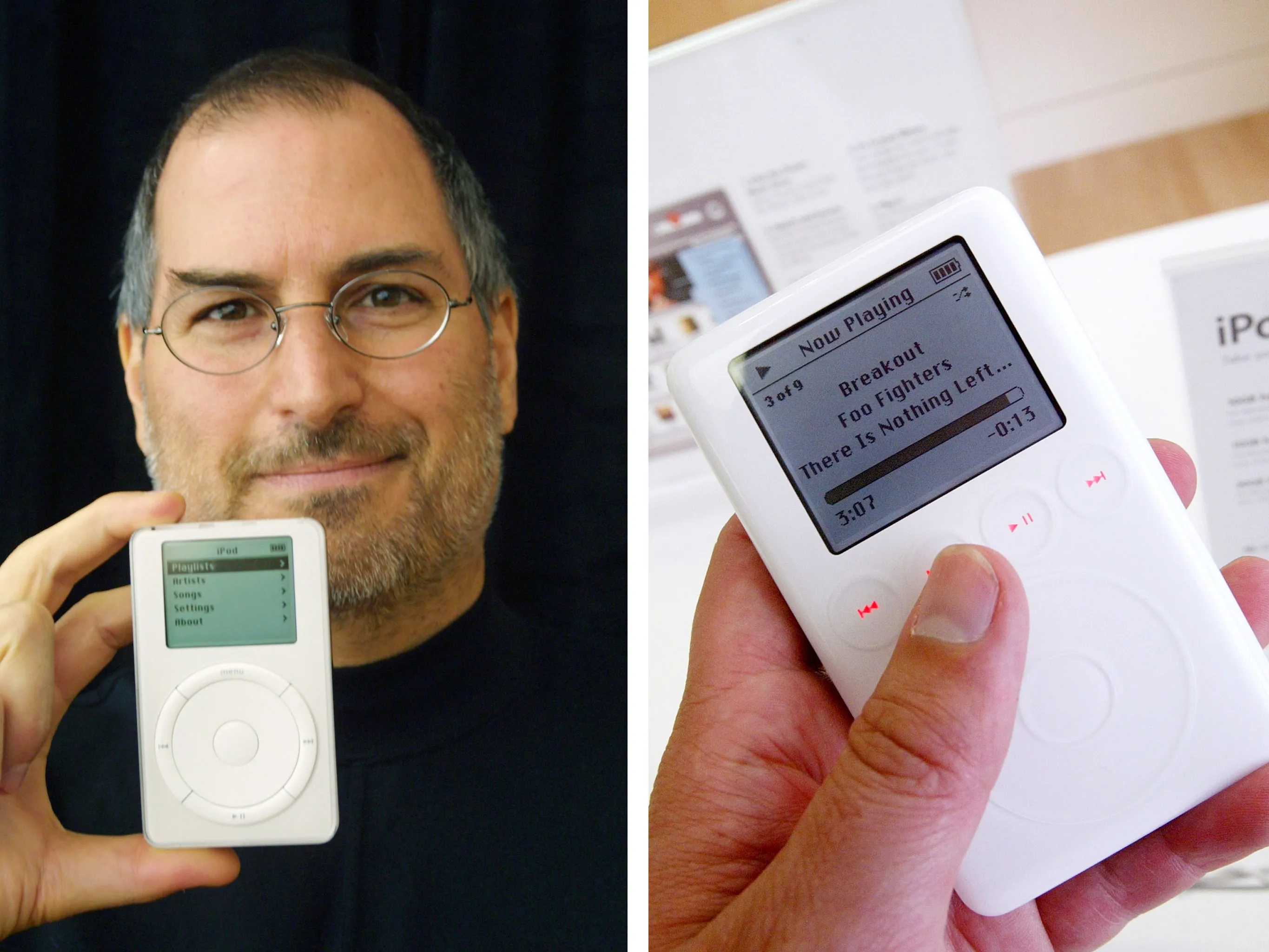 The original iPod (left) was released on November 10, 2001. The cheapest model held 5GB of music and cost $399. On May 2, 2003, Apple released a redesigned iPod (right) with entirely touch-sensitive interface. The new model held 10GB of music and cost $299.