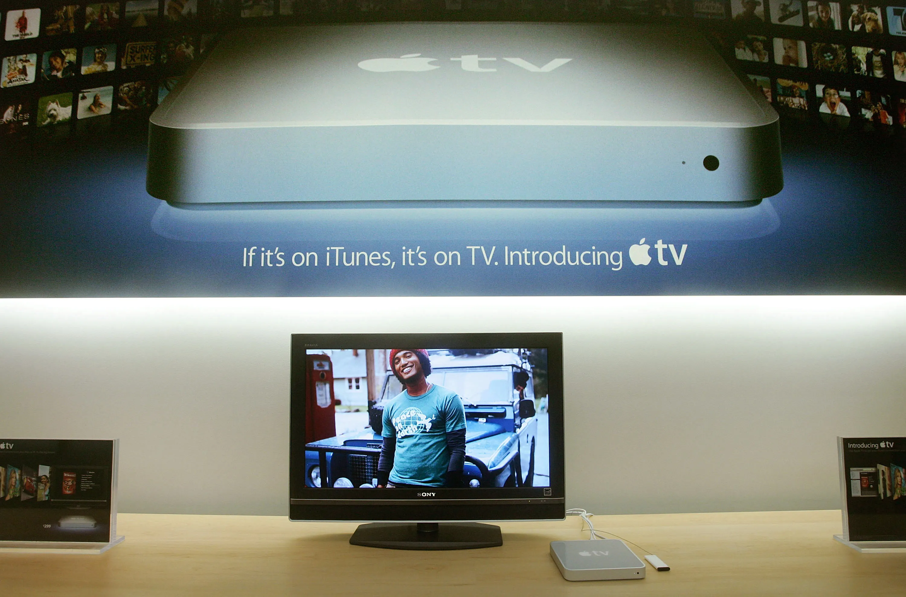 Called a "hobby" by Apple CEO Steve Jobs, the Apple TV appeared in stores on March 21, 2007. The device was priced at $299 and stored 50 hours of video.