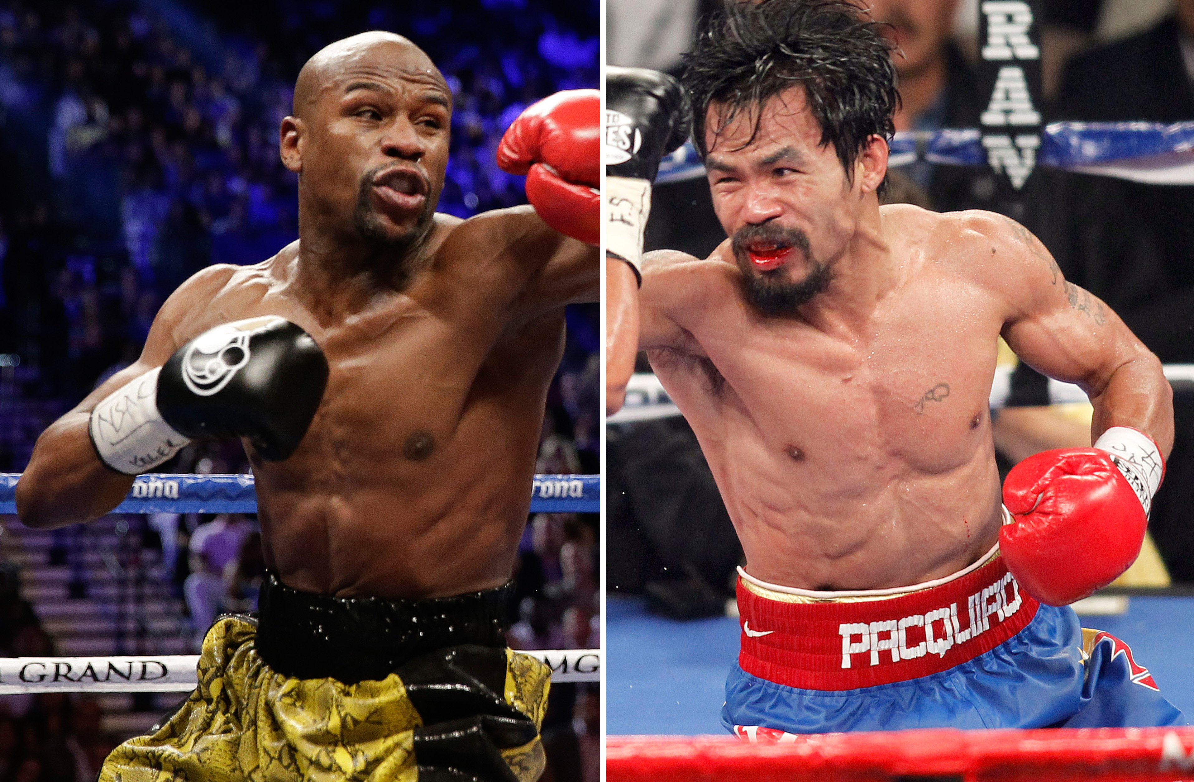 Floyd Mayweather Jr. (left) exchanges punches with Robert Guerrero (not shown) in a WBC welterweight title fight in Las Vegas on May 4, 2013. At right, in a Nov. 12, 2011 photo, Manny Pacquiao exchanges punches with Juan Manuel Marquez (not shown) during a WBO welterweight title fight in Las Vegas. Floyd Mayweather Jr. and Manny Pacquiao are about to face off at the MGM Grand in the most anticipated fight in recent times.