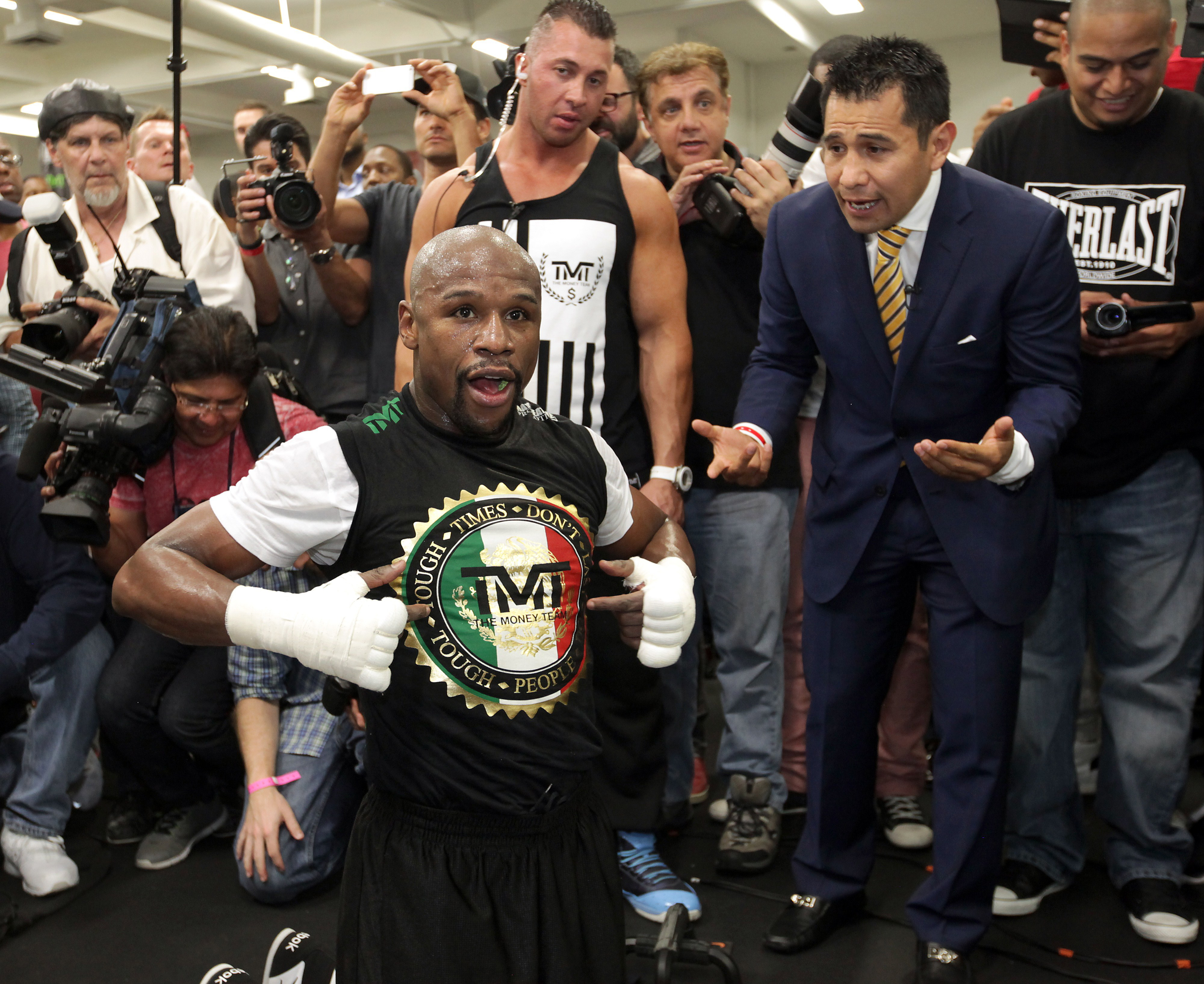 WBC/WBA welterweight champion Floyd Mayweather Jr. works out at the Mayweather Boxing Club on April 14, 2015 in Las Vegas, Nevada.