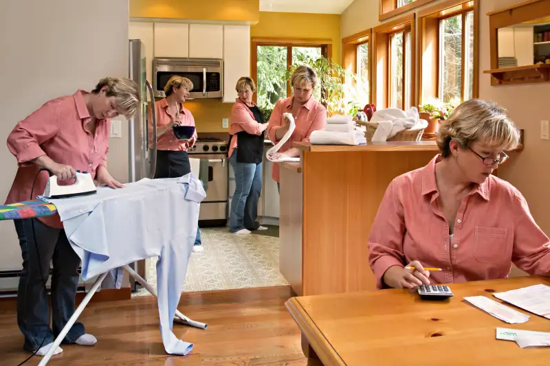 mom doing chores around house, multiple exposure