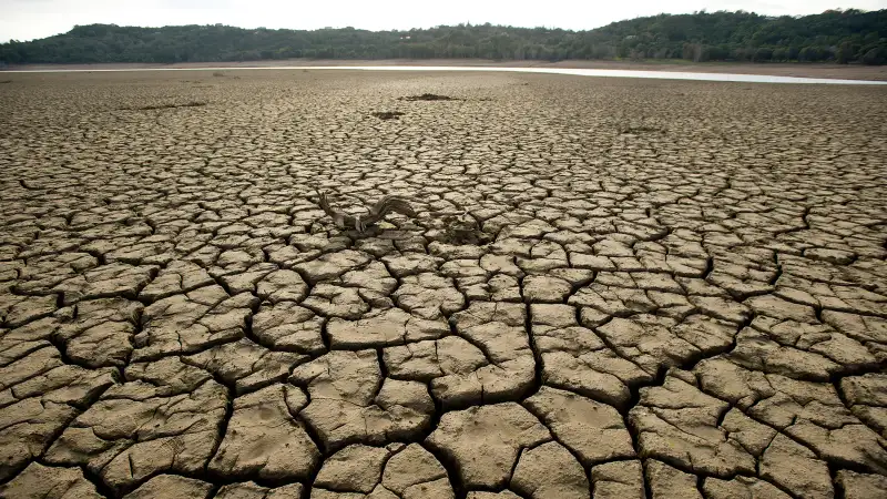 The dry bed of Lake Mendocino, a key Mendocino County reservoir, in Ukiah, California.