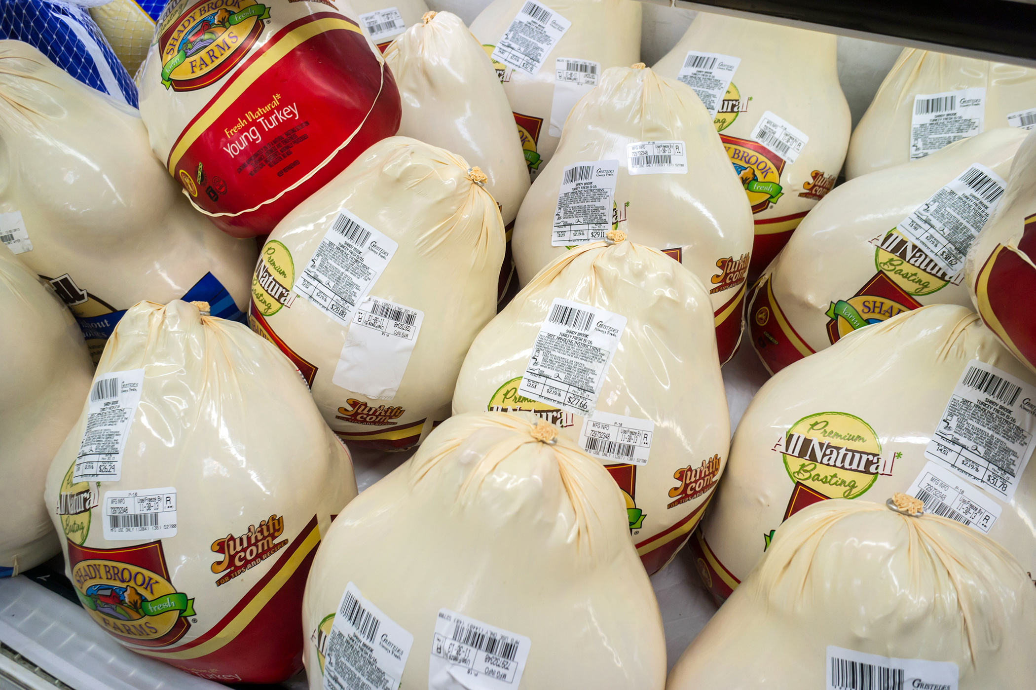Shady Brook Farms brand Turkeys for sale in a supermarket refrigerator in New York