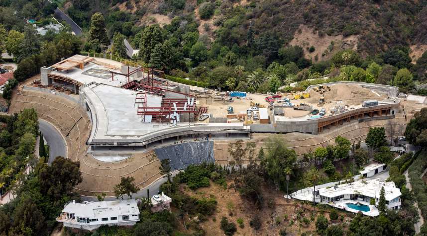 Construction continues at a home being built by Nile Niami, a film producer and speculative residential developer, in this aerial photograph taken in Bel Air, California.
