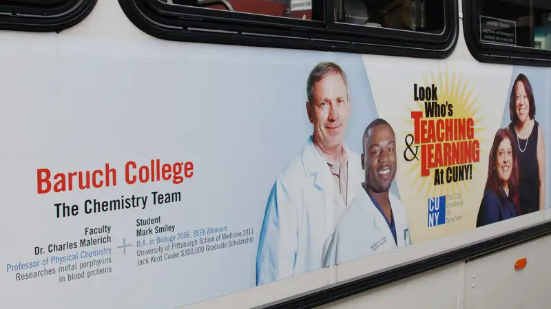 Advertisement for Baruch College of CUNY on the side of a NYC transit bus