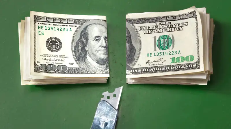 stack of bills sliced in half