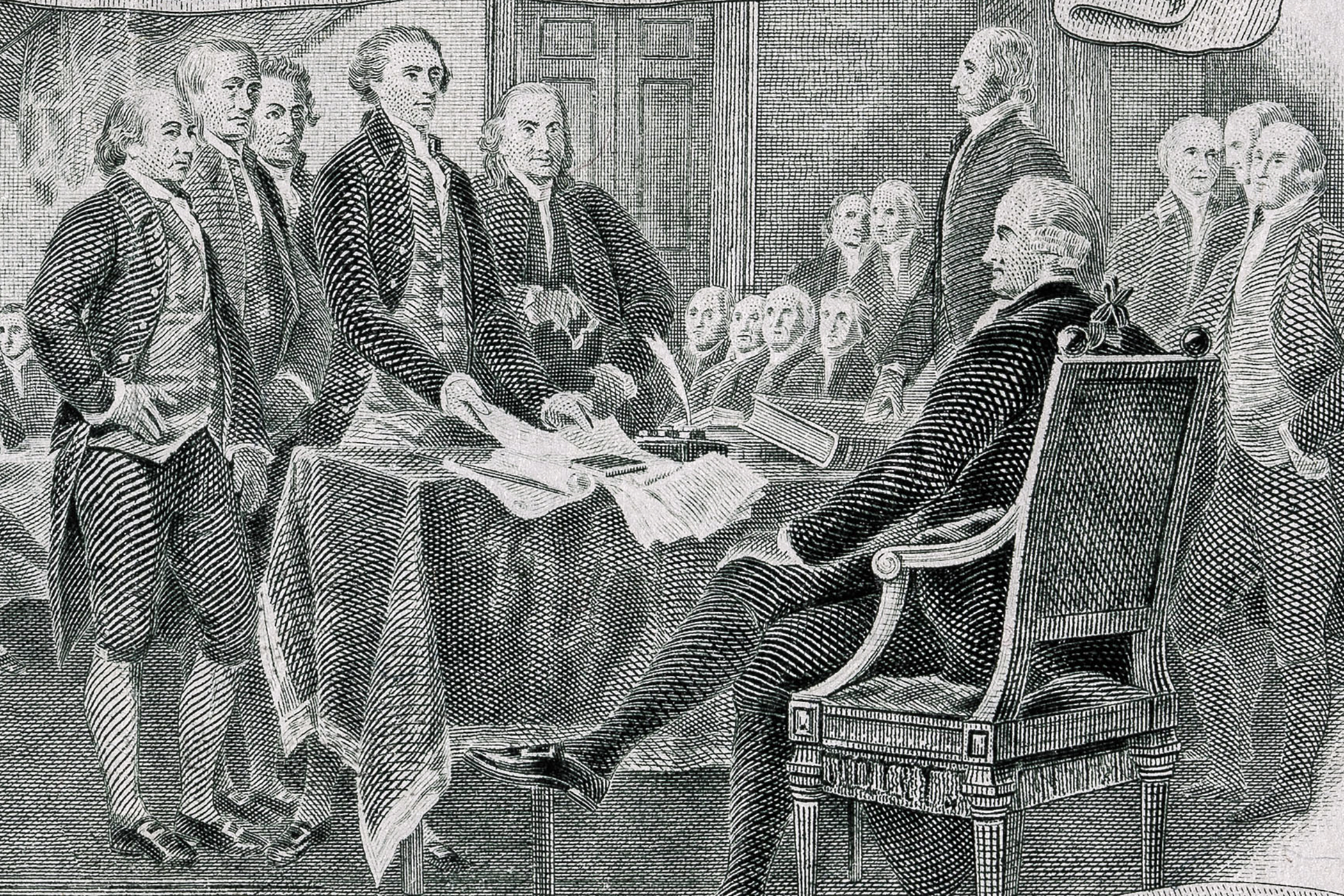 Founding Fathers signing Declaration of Independence on back of $2 bill