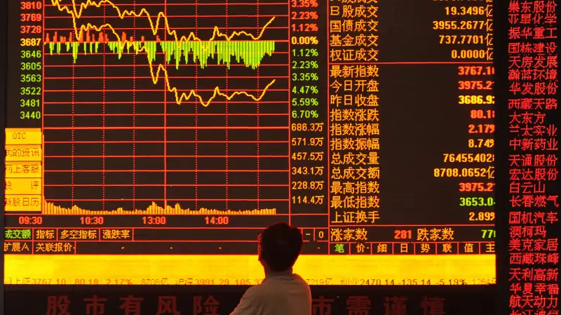 A Chinese investor looks at the Shanghai Composite Index at a stock brokerage house in Fuyang city, east China's Anhui province, July 6, 2015.