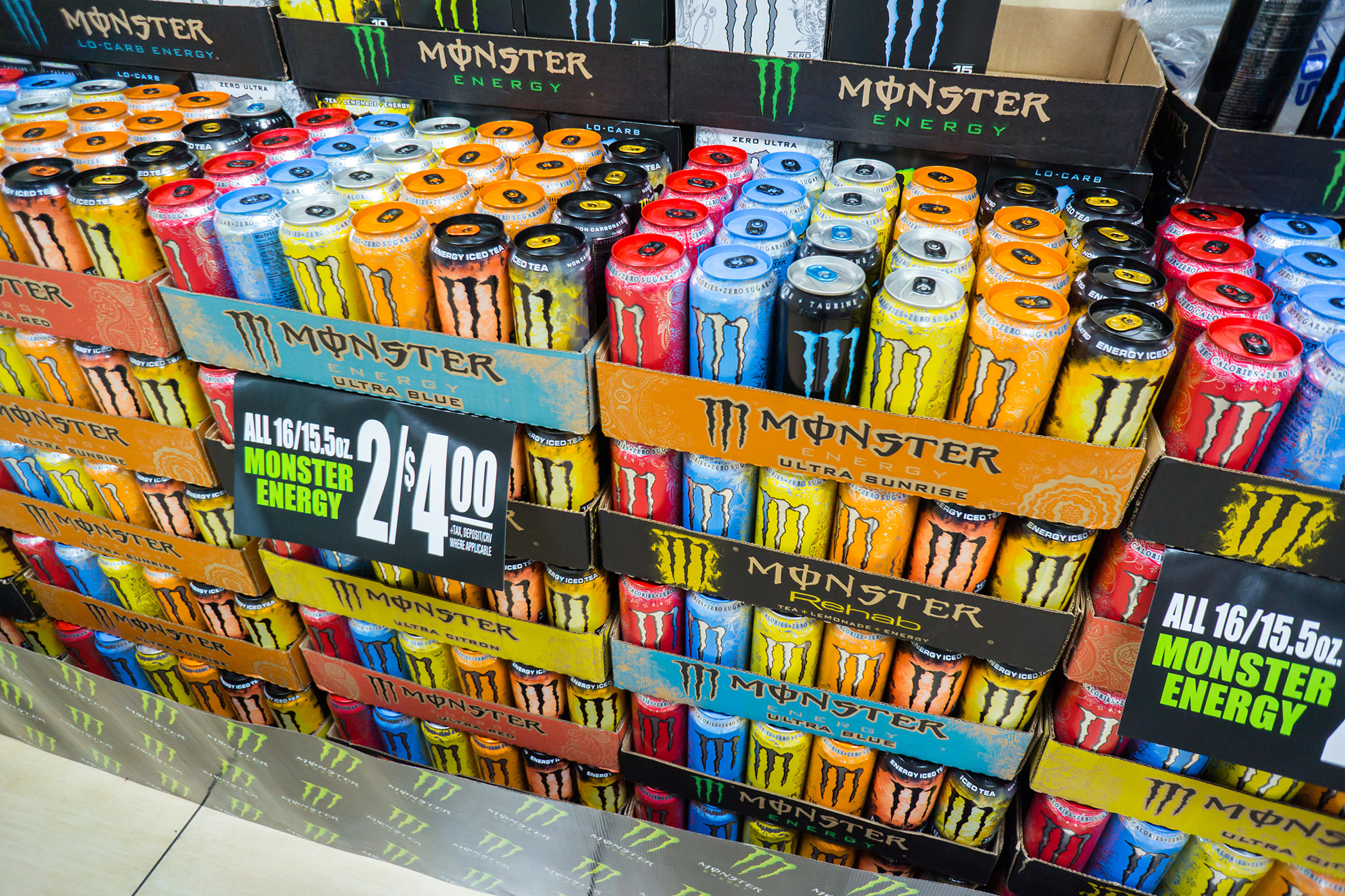 Monster brand energy drinks on sale in a convenience store in New York
