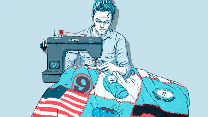 illustration of woman using sewing machine to make quilt