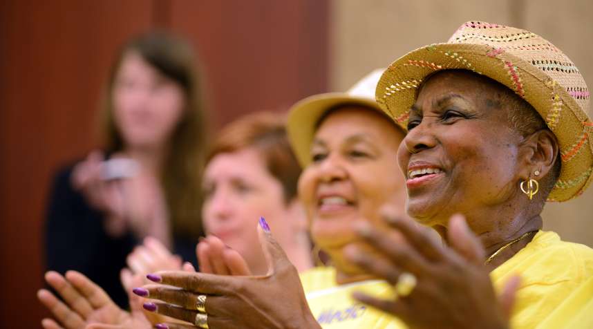Seniors listen to Democratic House Leader Nancy Pelosi mark the 50th Anniversary of Medicare and Medicaid on Capitol Hill on July 29, 2015 in Washington, DC. Pelosi was joined by Senate and House lawmakers who oppose any cuts to the important program for seniors.