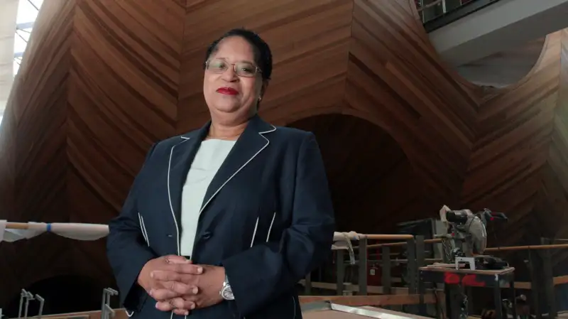 Shirley Ann Jackson, a physicist and the president of Rensselaer Polytechnic Institute, in front of the dome of the college's new theater in Troy, N.Y., in a Sept. 10, 2008 photo.