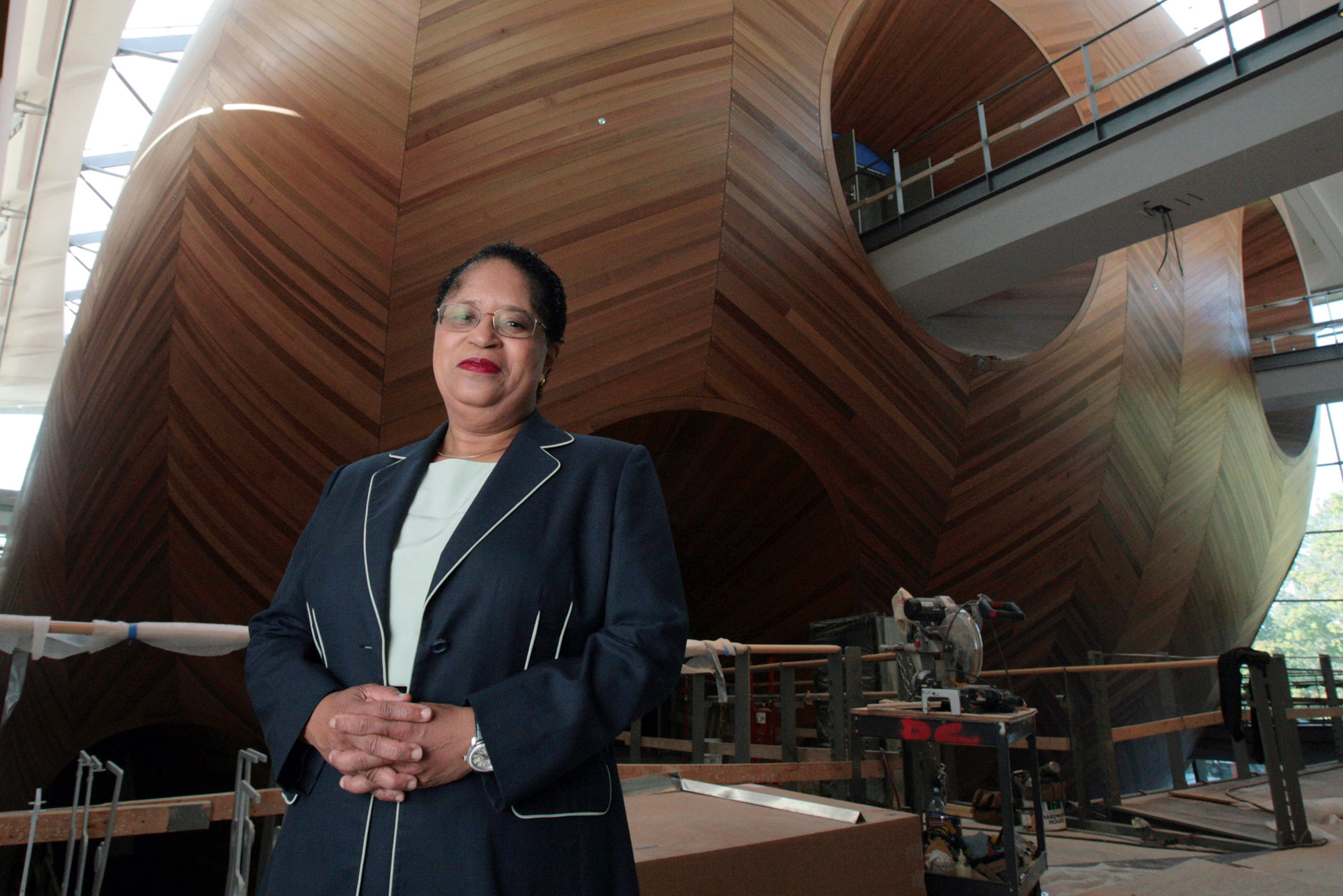 Shirley Ann Jackson, a physicist and the president of Rensselaer Polytechnic Institute, in front of the dome of the college's new theater in Troy, N.Y., in a Sept. 10, 2008 photo.