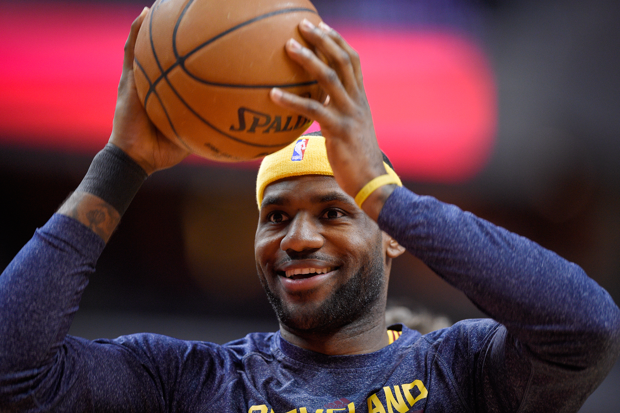 Cleveland Cavaliers forward LeBron James (23) during warmups before an NBA basketball game against the Washington Wizards, Friday, Feb. 20, 2015, in Washington.