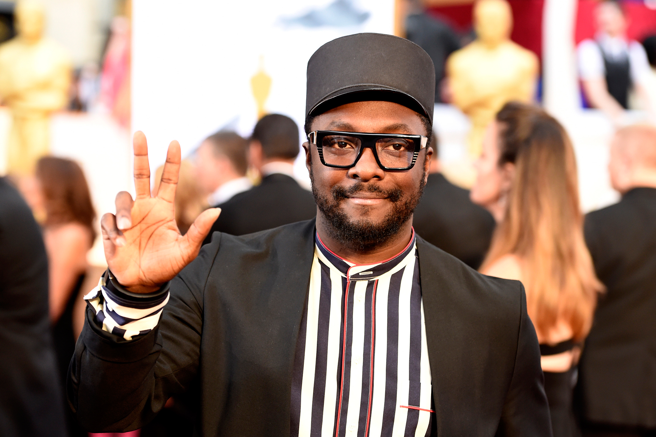 Will.i.am arrives at the Oscars on Sunday, Feb. 22, 2015, at the Dolby Theatre in Los Angeles.