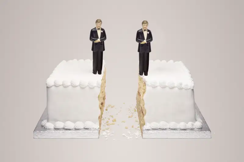 same sex groom figures on cake cut in half