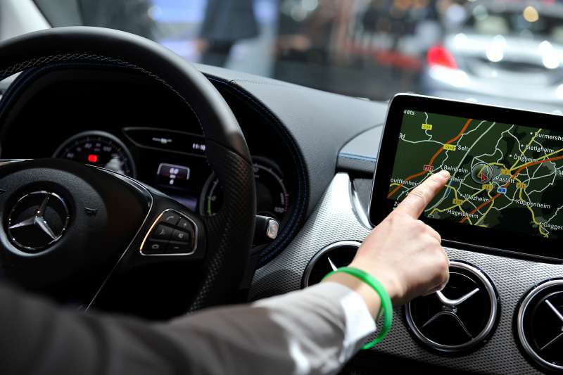 A Mercedes-Benz in-vehicle infotainment screen is seen during the 85th International Motor Show on March 3, 2015 in Geneva, Switzerland.