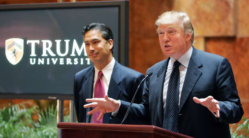 Donald Trump speaks during the establishment of Trump University in New York on May 23, 2005,