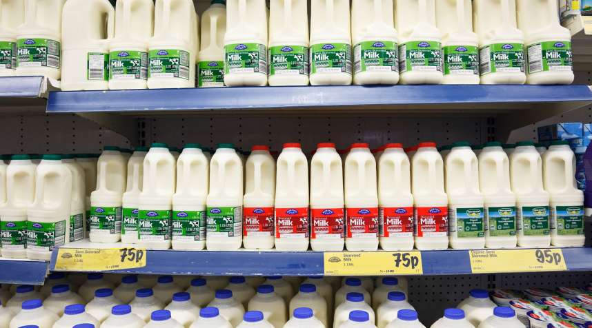Bottles of fresh skimmed, semi-skimmed and full cream milk for sale on supermarket shelves in the United Kingdom