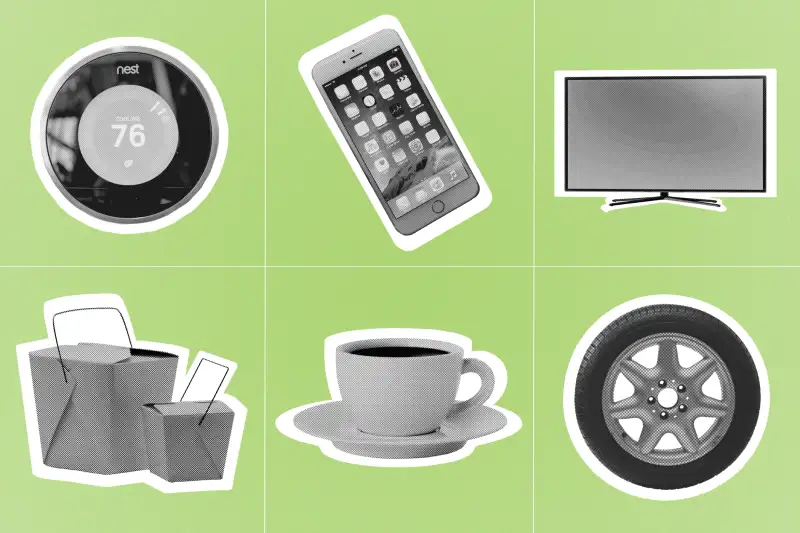 illustration with thermostat, iPhone, flatscreen television, takeout container, coffee mug, and car tire