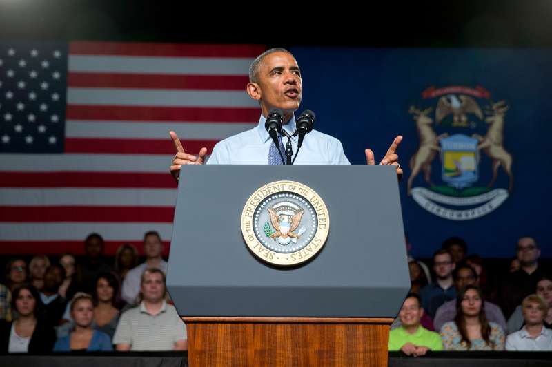 President Barack Obama speaks at Macomb Community College, September 9, 2015, in Warren, Michigan.