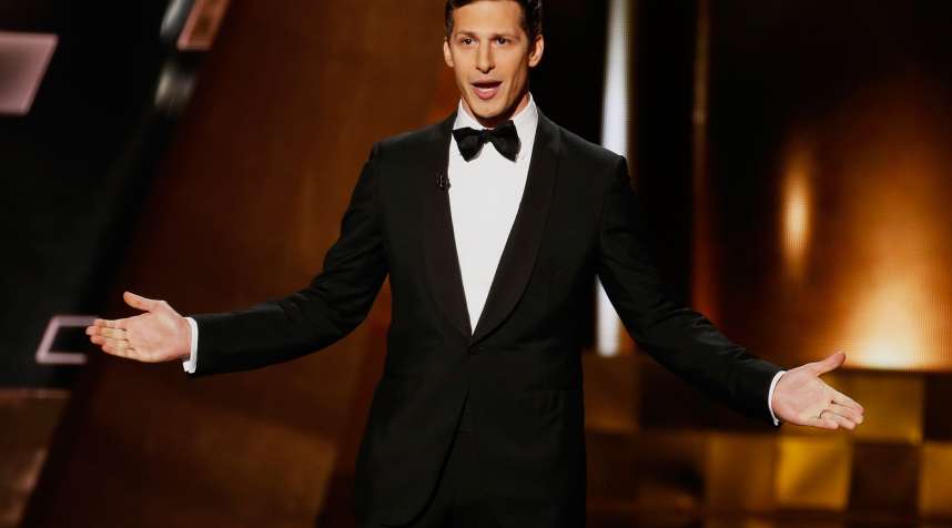 Host Andy Samberg takes the stage at the 67th Primetime Emmy Awards on September 20, 2015.