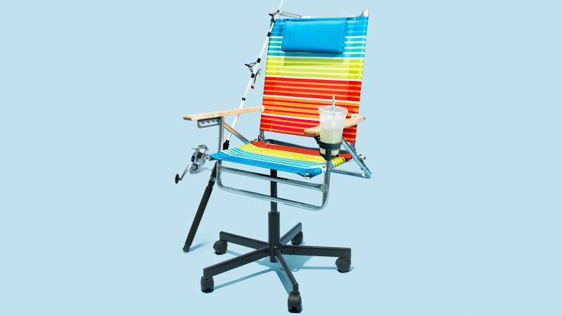 office chair with rainbow colors, iced drink and fishing pole