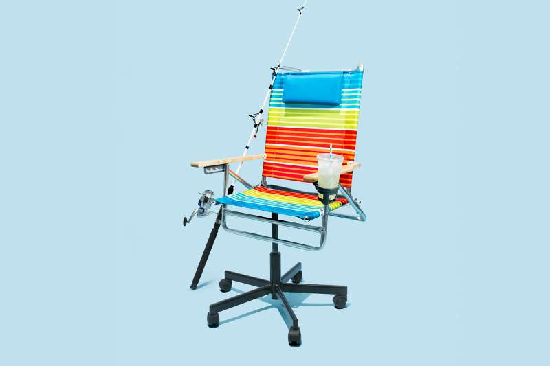 office chair with rainbow colors, iced drink and fishing pole