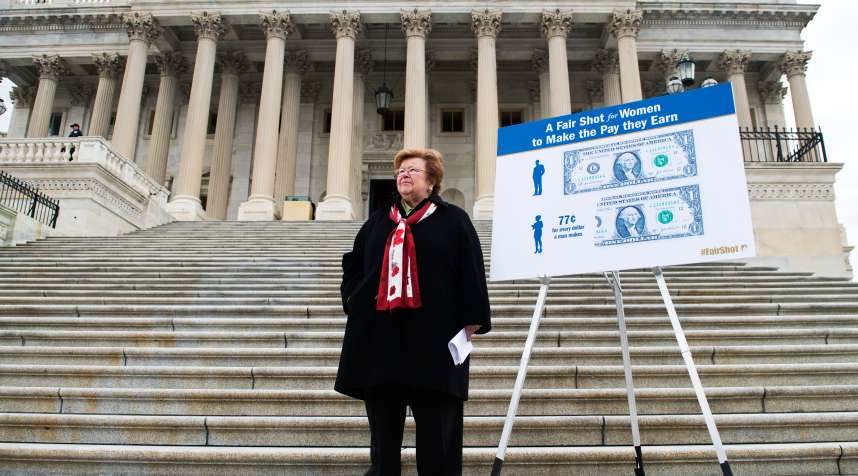 Sen. Barbara Mikulski, of Maryland waits for her colleagues to arrive before a news conference on the Senate steps of the Capitol to support equal pay for women and an increase in the minimum wage.