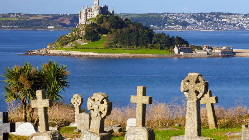 Cemetery with St. Michael's Mount in the background, Cornwall, England, United Kingdom