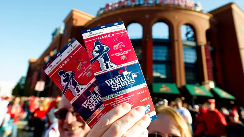 A detail shot of a pair of World Series Game 3 tickets outside of Busch Stadium before Game 3 of the 2013 World Series between the St. Louis Cardinals and the Boston Red Sox at Busch Stadium on Saturday, October 26, 2013 in St. Louis, Missouri.