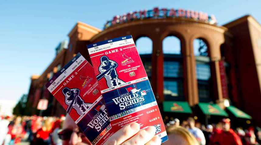 A detail shot of a pair of World Series Game 3 tickets outside of Busch Stadium before Game 3 of the 2013 World Series between the St. Louis Cardinals and the Boston Red Sox at Busch Stadium on Saturday, October 26, 2013 in St. Louis, Missouri.