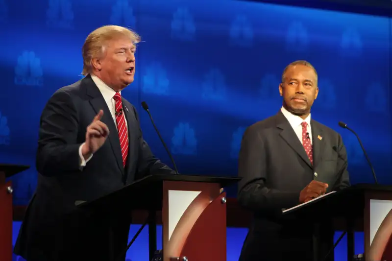 Donald Trump and Ben Carson participate in CNBC's Your Money, Your Vote: The Republican Presidential Debate live from the University of Colorado Boulder in Boulder, Colorado, October 28th, 2015.