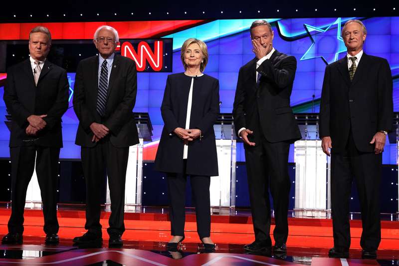 (L-R) Democratic presidential candidates Jim Webb, Bernie Sanders, Hillary Clinton, Martin O'Malley, and Lincoln Chafee at the first  Democratic debate in October. Webb and Chafee have since left the race.