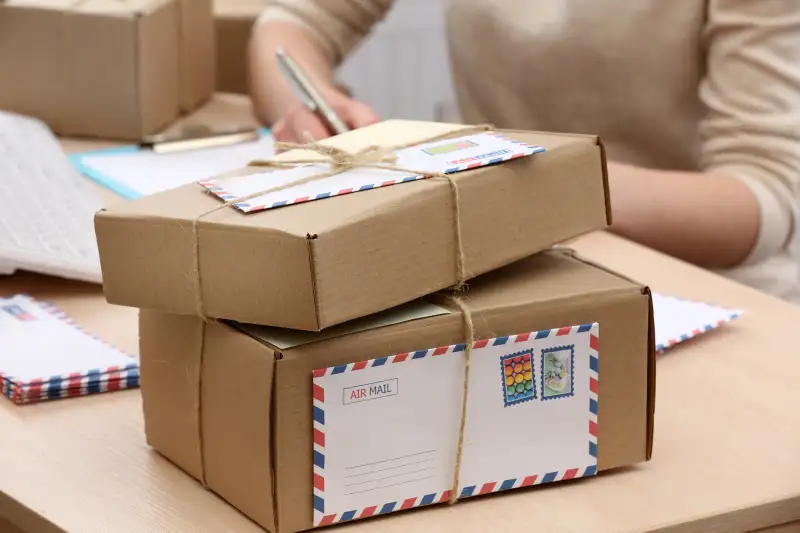 woman mailing packages at post office