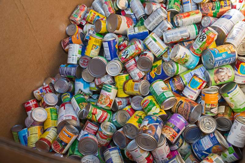 Canned goods collected by Boy Scouts and Girl Scouts for needy families in an annual program called Scouting for Food. The food was distributed through the Gleaners Food Bank, St. Clair Shores, Michigan, November 14, 2015.