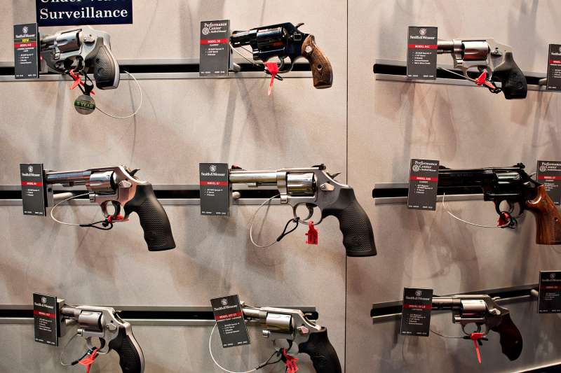 Revolvers sit on display in the Smith &amp; Wesson booth on the exhibition floor of the 144th National Rifle Association (NRA) Annual Meetings and Exhibits at the Music City Center in Nashville, Tennessee, on April 11, 2015.