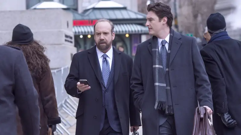 Paul Giamatti as Chuck Rhoades and Toby Leonard Moore as Bryan Connerty in Billions (Season 1, Episode 1) on SHOWTIME