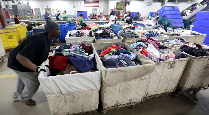 Bins of donated clothing at a Goodwill plant in Indiana.