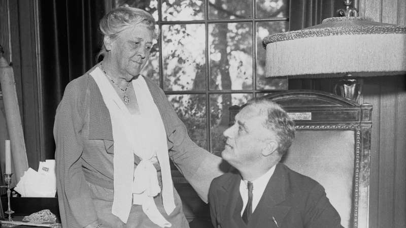 Mrs. James Roosevelt gives her son, Governor Franklin D. Roosevelt, some motherly advice at their estate in Hyde Park, New York, October 18, 1932. Mrs. Roosevelt was the  First Mother of the United States,” and was the only living mother of a president for about a decade.