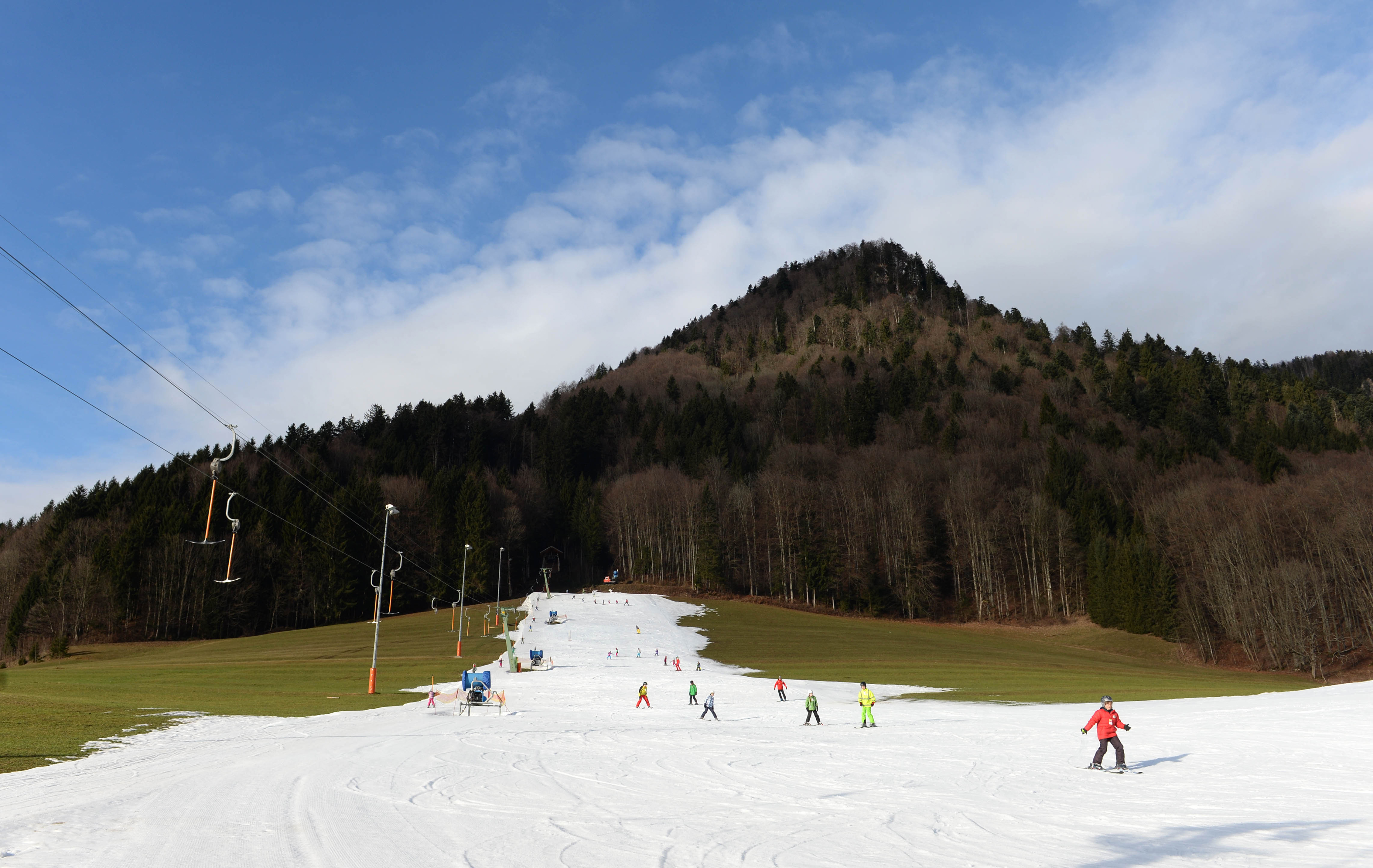 Artificial snow on a skiing slope