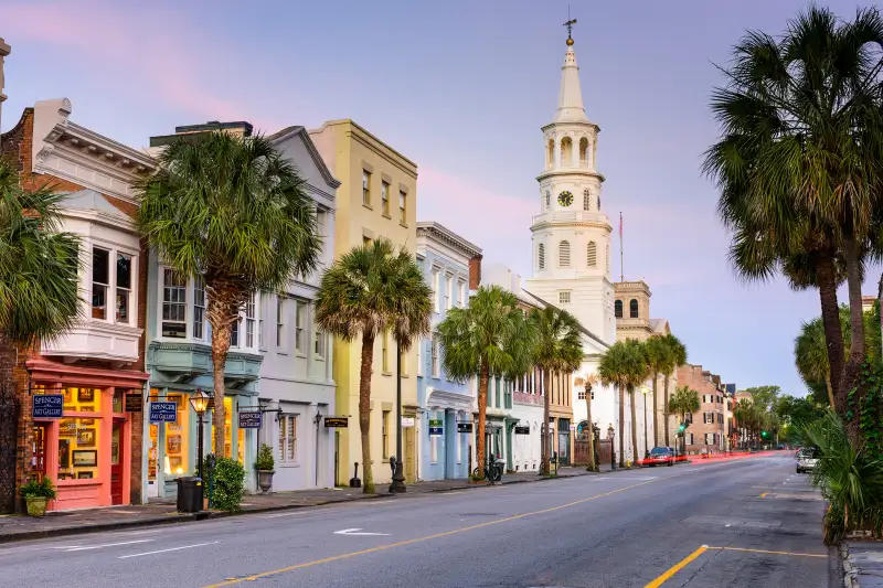 Shops line Broad street in the French Quarter, May 19, 2015. The French Quarter is within the original walled city of Charleston, South Carolina.