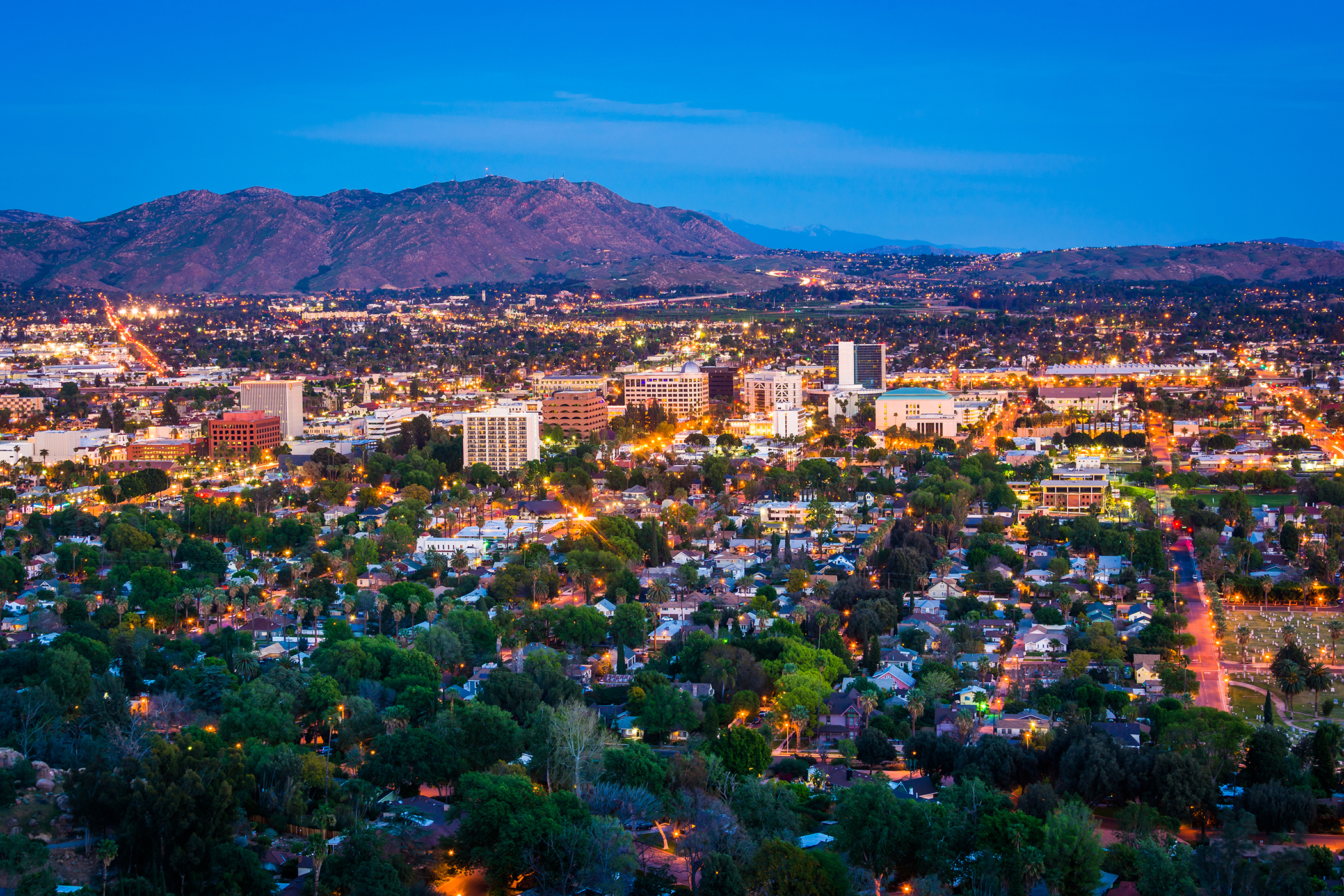 Twilight view of the city of Riverside, from Mount Rubidoux Park, in Riverside, California.