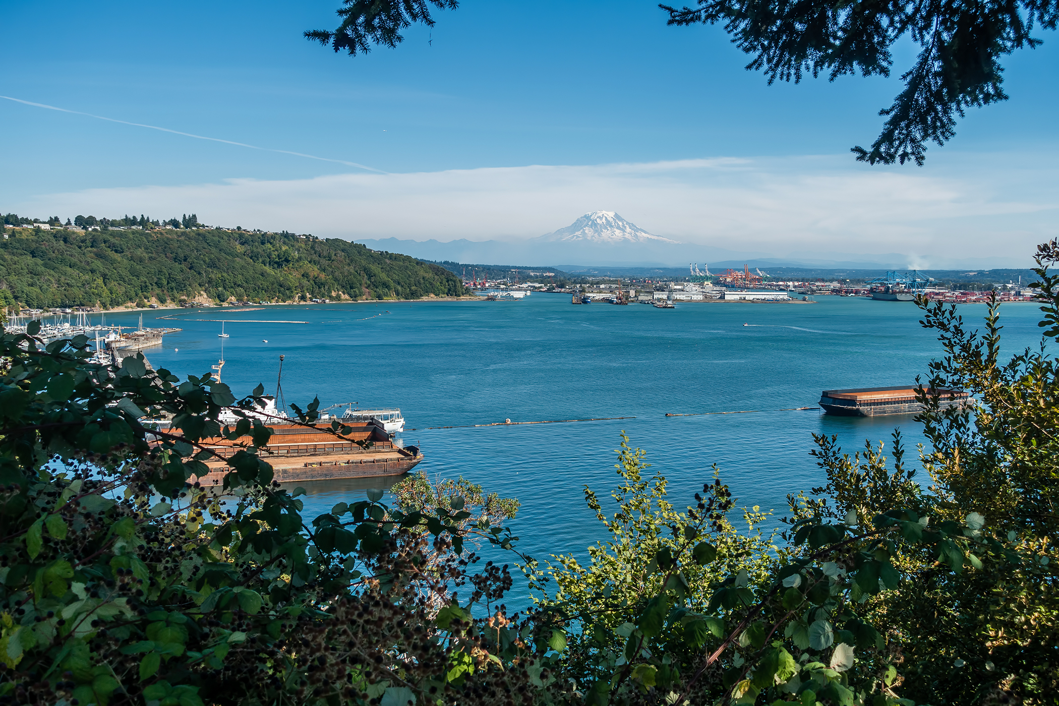 A view of the Port of Tacoma with Mount Rainier in the distance.