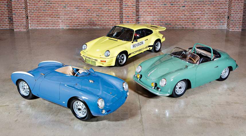 1955 Porsche 550 Spyder, 1958 Porsche 356 A 1500 GS/GT Carrera Speedster and 1974 Porsche 911 Carrera 3.0 IROC RSR